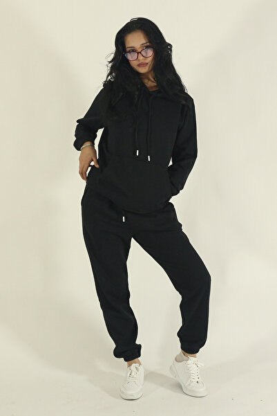 EydaMoon Women's Winter Cotton Tracksuit Set Kangaroo Pocket Hooded Sweatshirt Jogger-Black Regular Elastic Leg