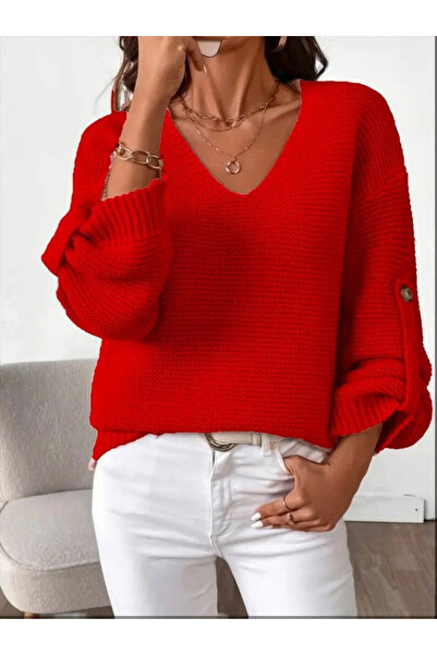 Femella Women Fashion Women's Long Sleeve V-Neck Buttoned Knitwear Blouse