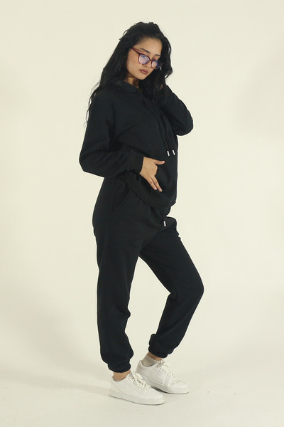 EydaMoon Women's Winter Cotton Tracksuit Set Kangaroo Pocket Hooded Sweatshirt Jogger-Black Regular Elastic Leg