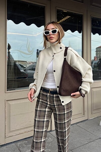 Laluvia Cream Mock Neck Epaulet Cardigan - 2028