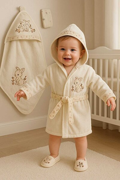 MİLAYS LİFE HOME COLLECTİON Baby Gazelle Figured Bathrobe Set Is Made of 100% Cotton. 4 Pieces 0-3 Years Old