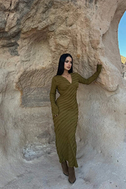 MARTYZ V-Neck Reverse Stitching Seersucker Fabric Long Dress