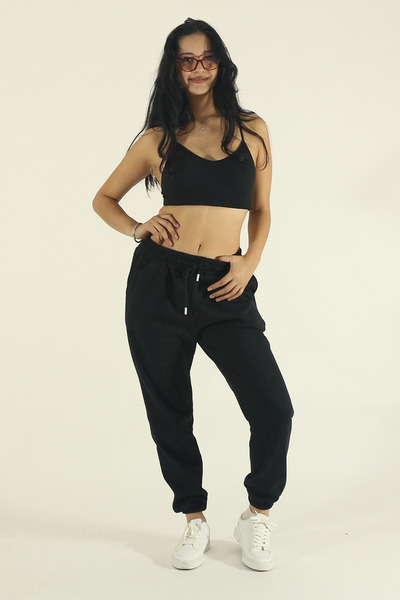 EydaMoon Γυναικείο μαύρο χειμερινό βαμβακερό παντελόνι jogger με ελαστική μέσ...