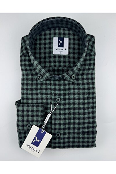 MEGALDİ Erkek Yeşil Kışlık Yünlü Klasik Kesim Gömlek