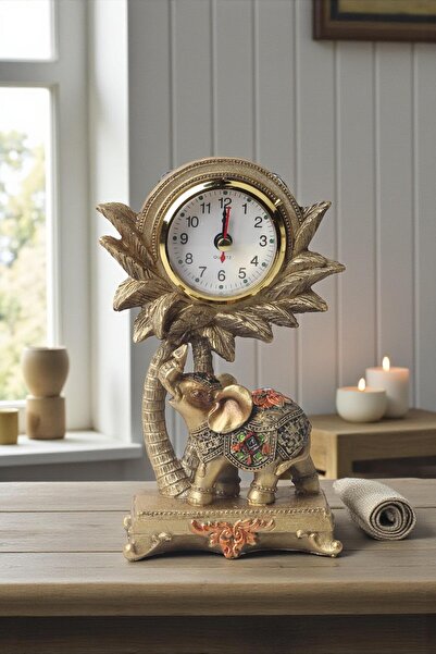 e-life shop Lüks İşlemeli Saatli Fil Heykeli Dekoratif Masaüstü Biblo Yeni Yıl Yeni Ev & Ofis Hediyesi 17 cm.