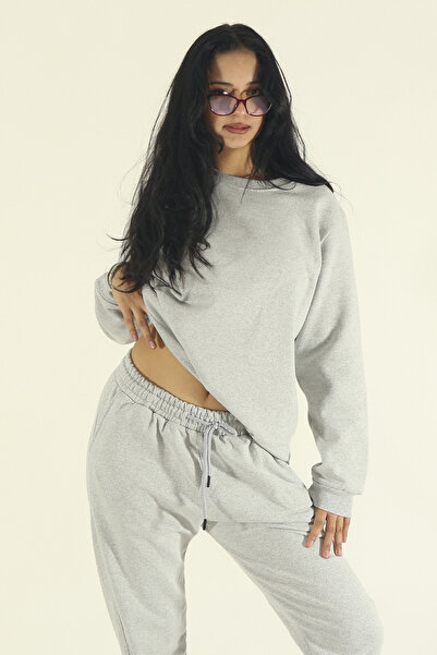 EydaMoon Women's Winter Fleece-Lined Tracksuit Set Crew Neck Sweatshirt Jogger - Gray Regular Elasticated Legs