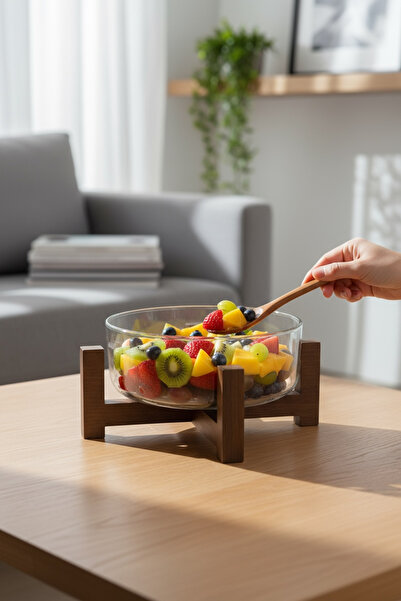 zezedesing Glass Bowl with Acacia Stand Multi-Purpose - Fruit Bowl / Serving Bowl / Salad & Pasta Bowl 2100ml (24X10Cm)