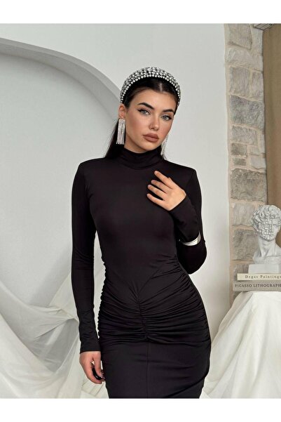 maf collection Women's Black Sandy Fabric Turtleneck Slit Detail Evening Dress Graduation Dress