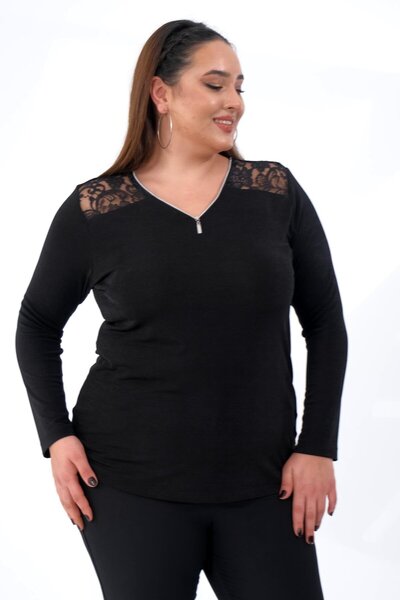 Roxxlen 333628 Γυναικεία μπλούζα με φερμουάρ με δαντέλα μεγάλου μεγέθους Μαύρη