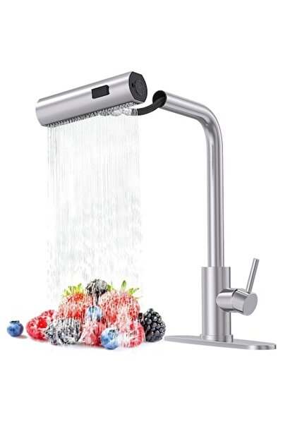 narvara Kitchen Sink Faucet — Stainless Steel, Pull-Out Head, 3 Functions, Single-Lever, 360° Mat