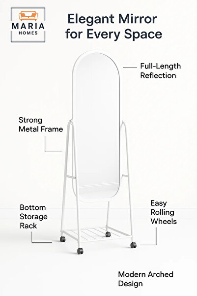 MARIA HOMES White Full Length Standing Mirror with Metal Frame Floor Dressing Mirror for Bedroom Hallway Decor