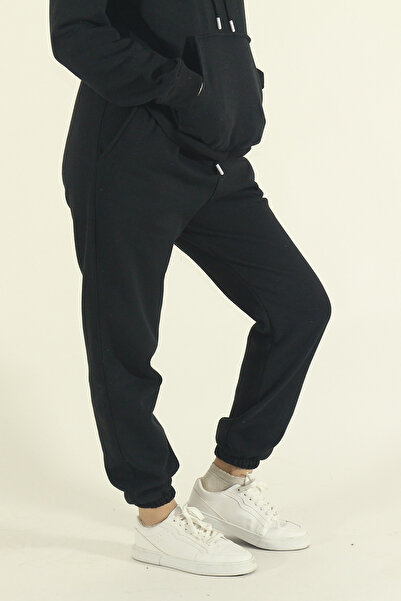 EydaMoon Women's Winter Cotton Tracksuit Set Kangaroo Pocket Hooded Sweatshirt Jogger-Black Regular Elastic Leg