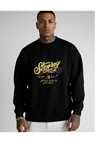 LORVEX قصة فضفاضة سويت شيرت أسود برقبة دائرية طباعة كورفيت 61