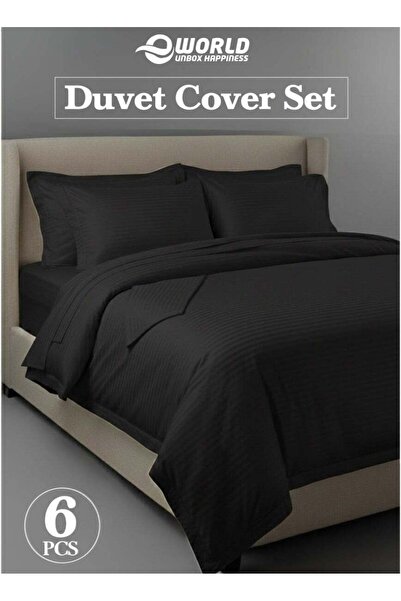 Eworld Premium Striped Duvet Set All Season – 6-Piece Black King 220x240 cm