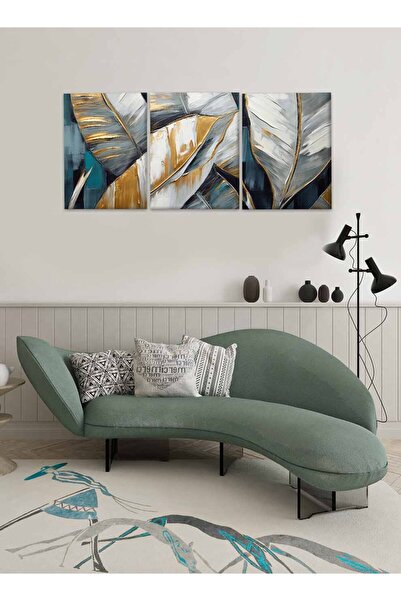 LOWHA مجموعة من 3 لوحات فنية جدارية من القماش مشدودة على إطار خشبي بتصميم تجريدي لريش ذهبي