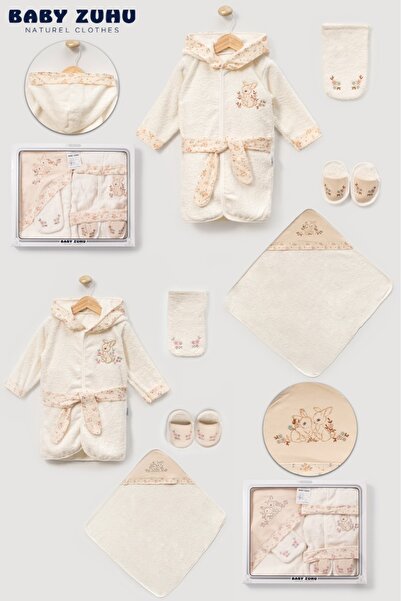 MİLAYS LİFE HOME COLLECTİON Baby Gazelle Figured Bathrobe Set Is Made of 100% Cotton. 4 Pieces 0-3 Years Old