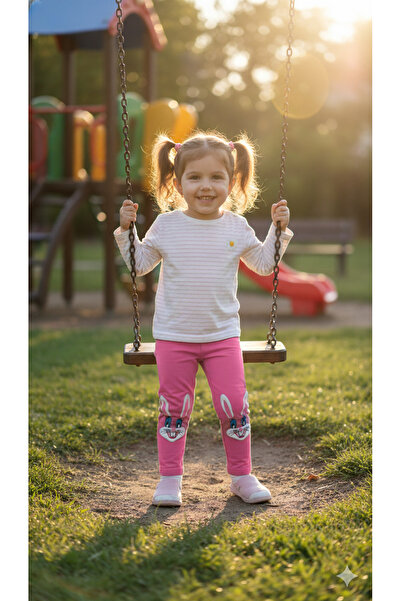 İsobel IDEAL SEPET-ISOB سروال ضيق للفتيات من القطن الوردي المطرز على شكل أرنب...