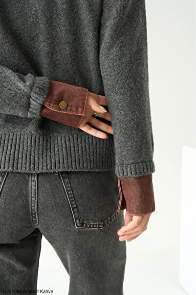 CADDELAMODA Women's Collar and Sleeve Detailed Knitwear Sweater