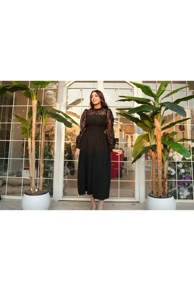 Starmount Butik Dantel Kol Detaylı Drapeli Uzun Elbise