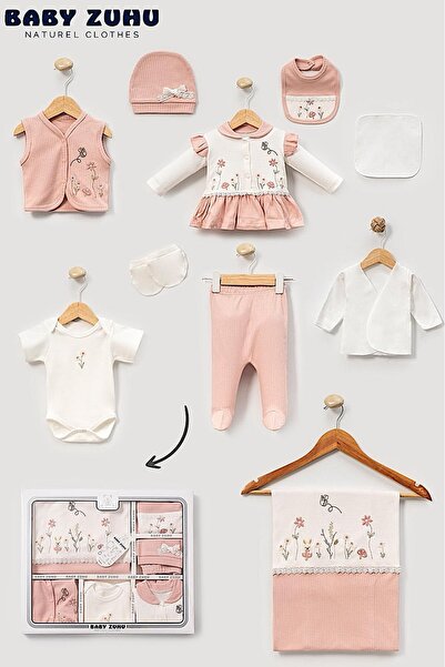 MİLAYS LİFE HOME COLLECTİON Baby Girl 0-3 Months Organic Cotton with Flower and Cork Embroidery 10-Piece Hospital Release Zibin Set