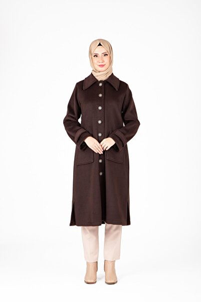 Beyza Λεπτομερές καφέ παλτό με τσέπη 9491