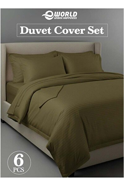 Eworld Premium Striped Duvet Set All Season – 6-Piece Olive Green King 220x24...