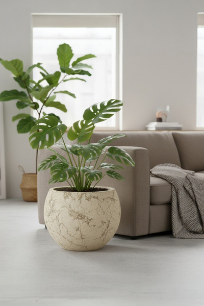 Bliss Dekoratif Modern Küre Saksı 27 Litre Beton Görünümlü Tasarım Plastik Çiçek Saksısı