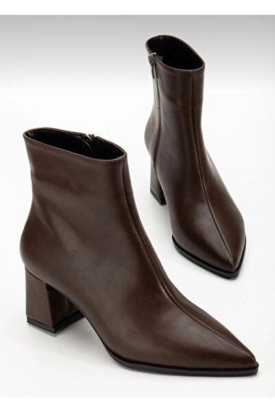 cevaplus Bitter Coffee Leather Pointed Toe Women's Heeled Boots