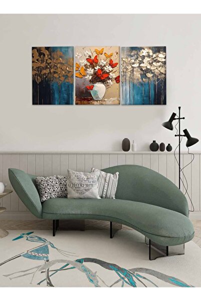LOWHA Set of 3 Canvas Wall Art Stretched Over Wooden Frame with Butterflies Abstract Design