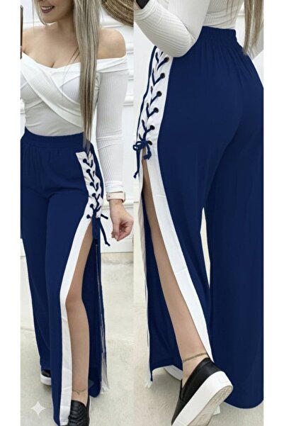 Kanonik Education Women's High Waist Side Cross Lace-Up Slit Viscose Two Thread Pants