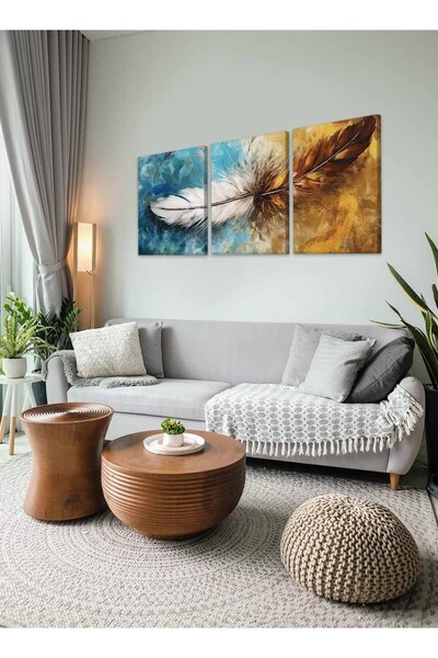 LOWHA Set of 3 Canvas Wall Art Stretched Over Wooden Frame with Colourful Feather Abstract Design