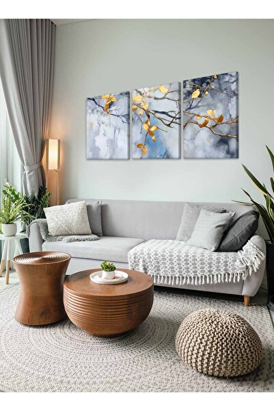 LOWHA Set of 3 Canvas Wall Art Stretched Over Wooden Frame with Golden Branch Abstract Design