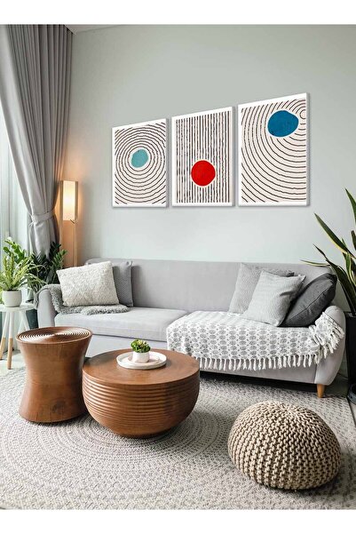 LOWHA Set of 3 Canvas Wall Art Stretched Over Wooden Frame with Lines and Circles Abstract Design