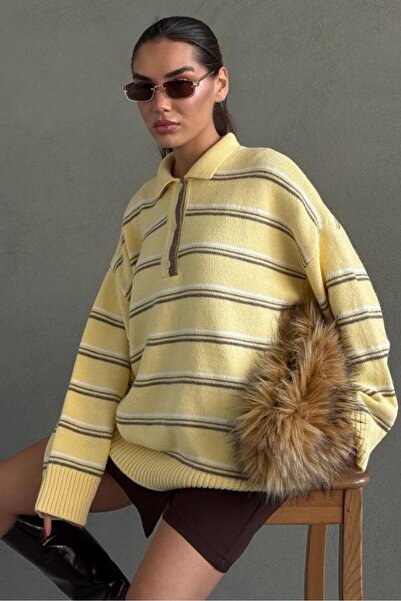 Madmext Yellow Striped Buttoned Polo Neck Sweater Mg2357