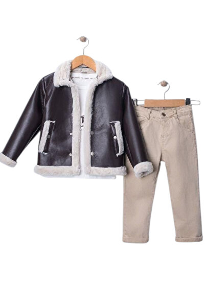 NURTOPU Boys' Suit Top and Bottom Set 3-Piece Long-Sleeved Inside Transitional Bottom Jeans Cotton Top Leather Jacket