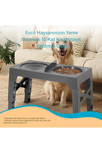 YENİTECH Ayarlanabilir Yükseltilebilir Köpek Kedi Mama Kabı Yavaş Yeme ve Sıçrama Önleyici Su Kabı 2’li Set