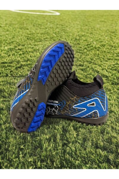 sinmm Boys' Football Shoes with Crampon Socks, Carpet Field Flat Soccer Sneakers (Black-Blue Color) Filet-Garson