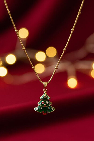 Jaida Moda Women's Pine Tree Figured Ball Detailed Chain Steel Christmas Necklace