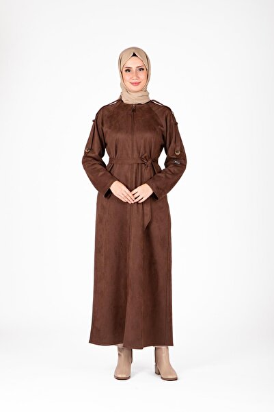 Beyza Omuz ve Kolları Detaylı Kahve Süet Ferace 9469
