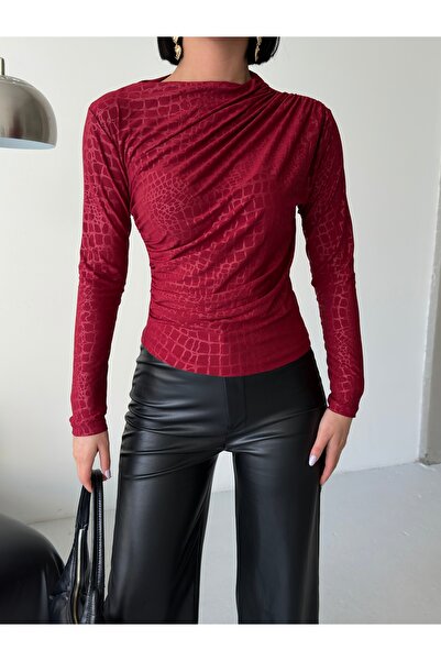 alenmoda Stretchy Sandy Fabric Half-Neck Crocodile Pattern Long Sleeve Blouse