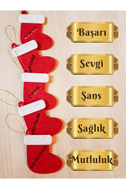 Kabajur Yılbaşı Keçe Çizme Süs Seti – 5 Adet Dilek Temalı Noel Ağaç Süsü