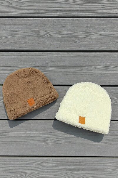 KAŞIKBEY 2-Pack Plush Welsoft Soft Beanie Newborn Baby Kids Beanie with Smiling Face Sticker