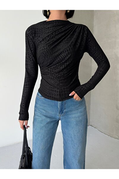 alenmoda Bluză cu mânecă lungă din țesătură elastică Sandy, cu jumătate de gu...