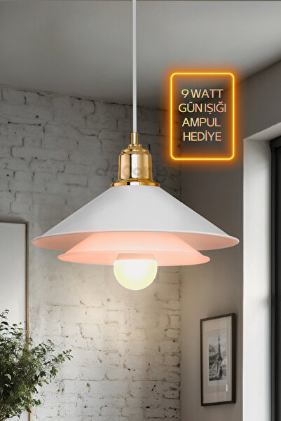 decory Beyaz Gold Renk Modern Tasarım Tekli Sarkıt Avize, 30cm Çap (9Watt Gün...