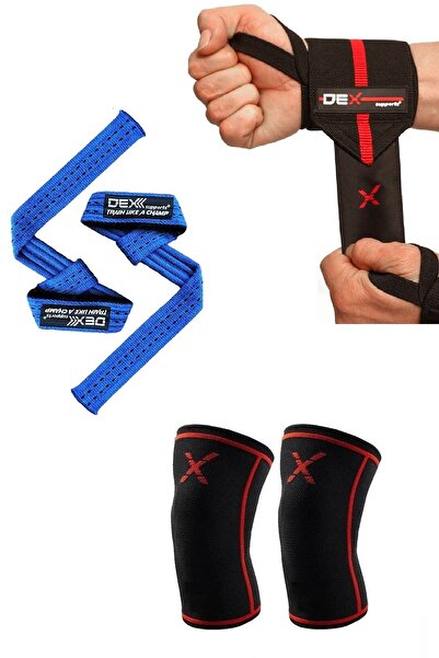 Dex Supports Fitness Knee Sleeve, Sports Wrist Wraps Elite, Lifting Straps Pro Blue Set of 3