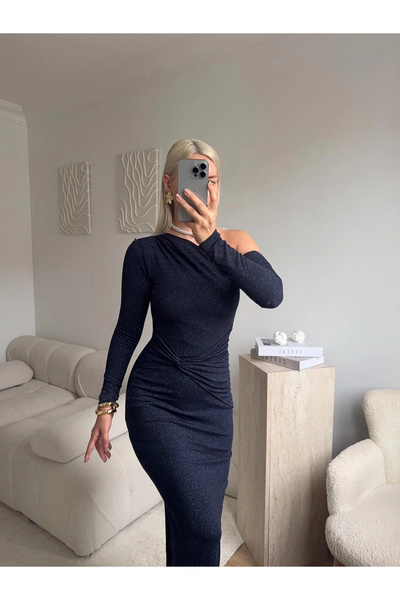 Zora Butik Tek Omuz Simli Drapeli Elbise- LACİVERT