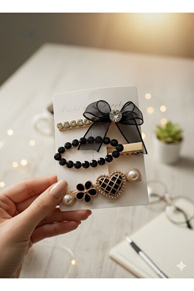 bettin tasarım 3-Piece Black Stone Pearl Detailed Bow and Heart Design Women'...