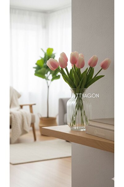 ttvagon Çiçek Açık Pembe Ebruli Islak Lale 10Adet 27 Cm-Yapay Çiçek