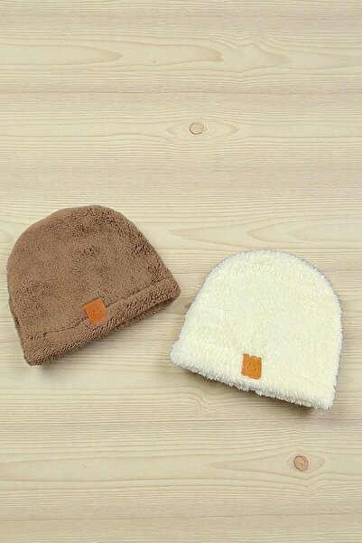 KAŞIKBEY 2-Pack Plush Welsoft Soft Beanie Newborn Baby Kids Beanie with Smiling Face Sticker