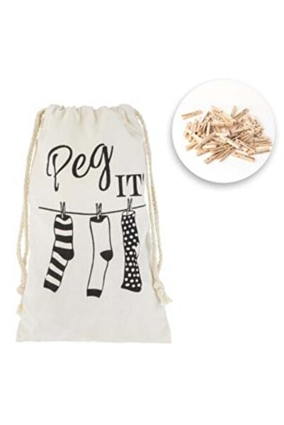 Silver Star Geantă textilă bej cu model de șosete și 50 de clești de rufe din lemn "Prinde-o!" 17x25 cm